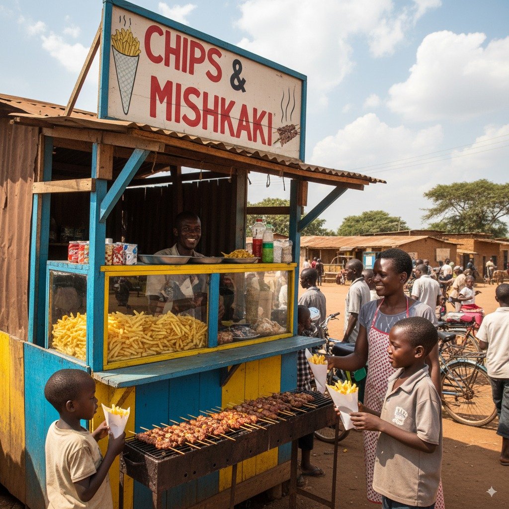 Chips and Mishikaki Kiosk in Kenya